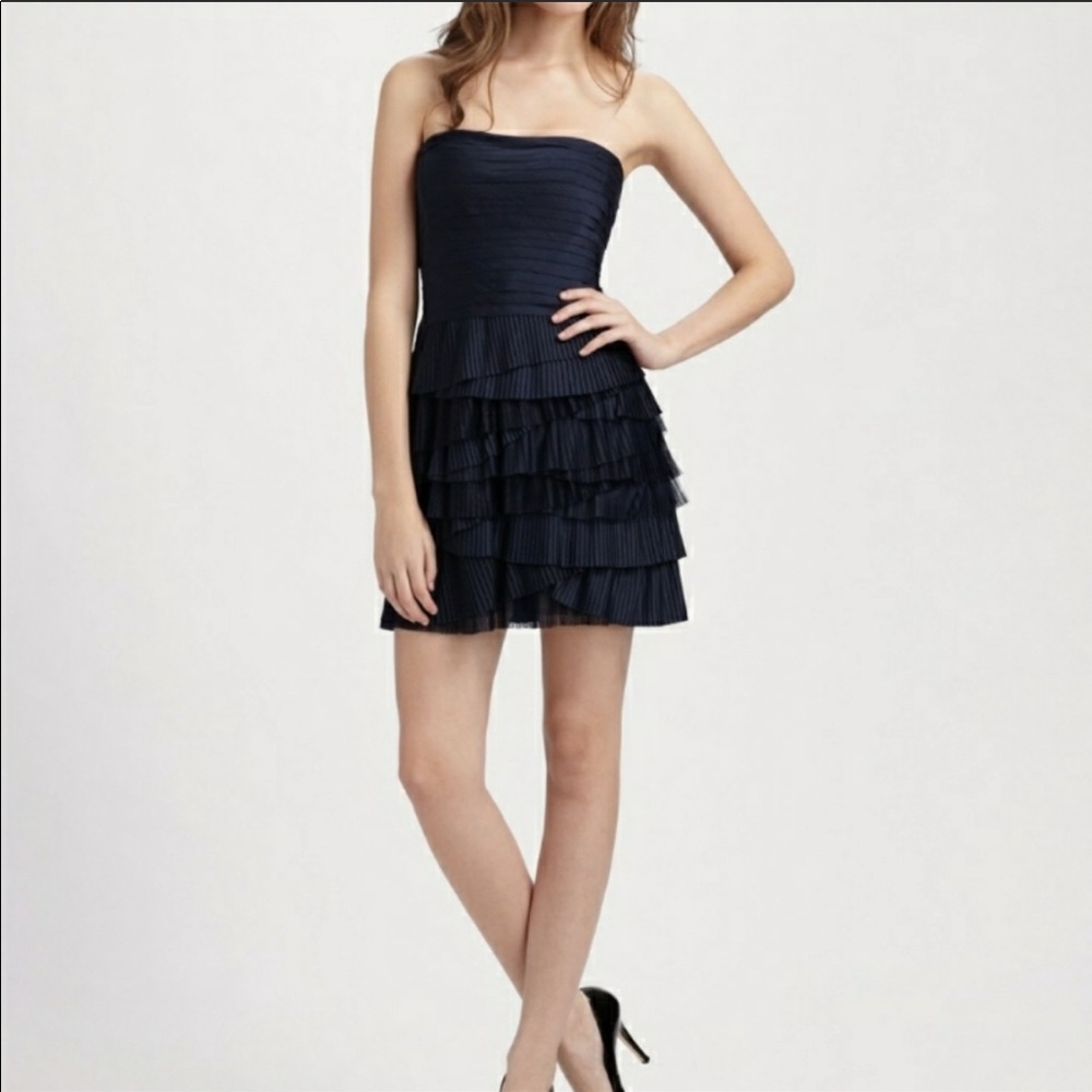 BCBG Max Azria navy tiered strapless dress